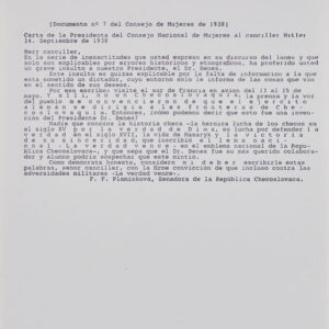 'Carta de F.F. Plamínková, presidenta del Consejo Nacional de Mujeres al canciller Hitler. 14 de septiembre de 1938'. Gema Intxausti (ES)
